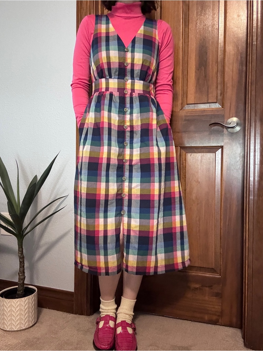 J.Crew Multicolor Plaid Button-Front Midi Dress